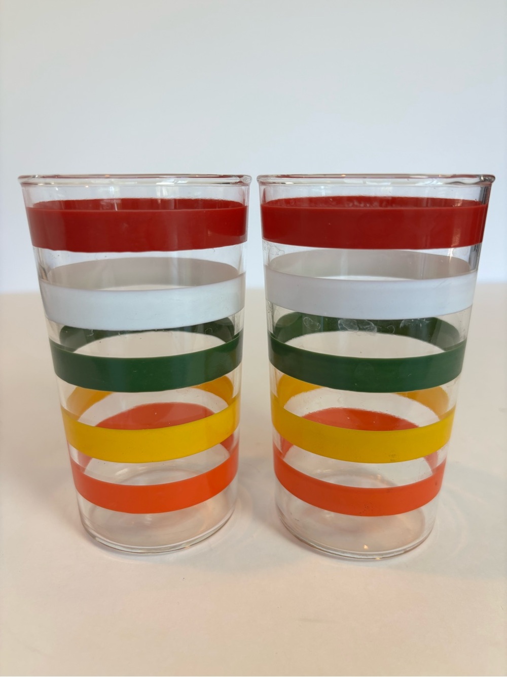 Vintage MCM Fiesta Stripe Glass Tumblers Set of 2 Rainbow Banded 4.75”